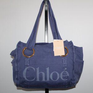 NWT Chloe Plage Washed Cotton Tote Cashmere Shopper Shoulder Bag Evening Blue